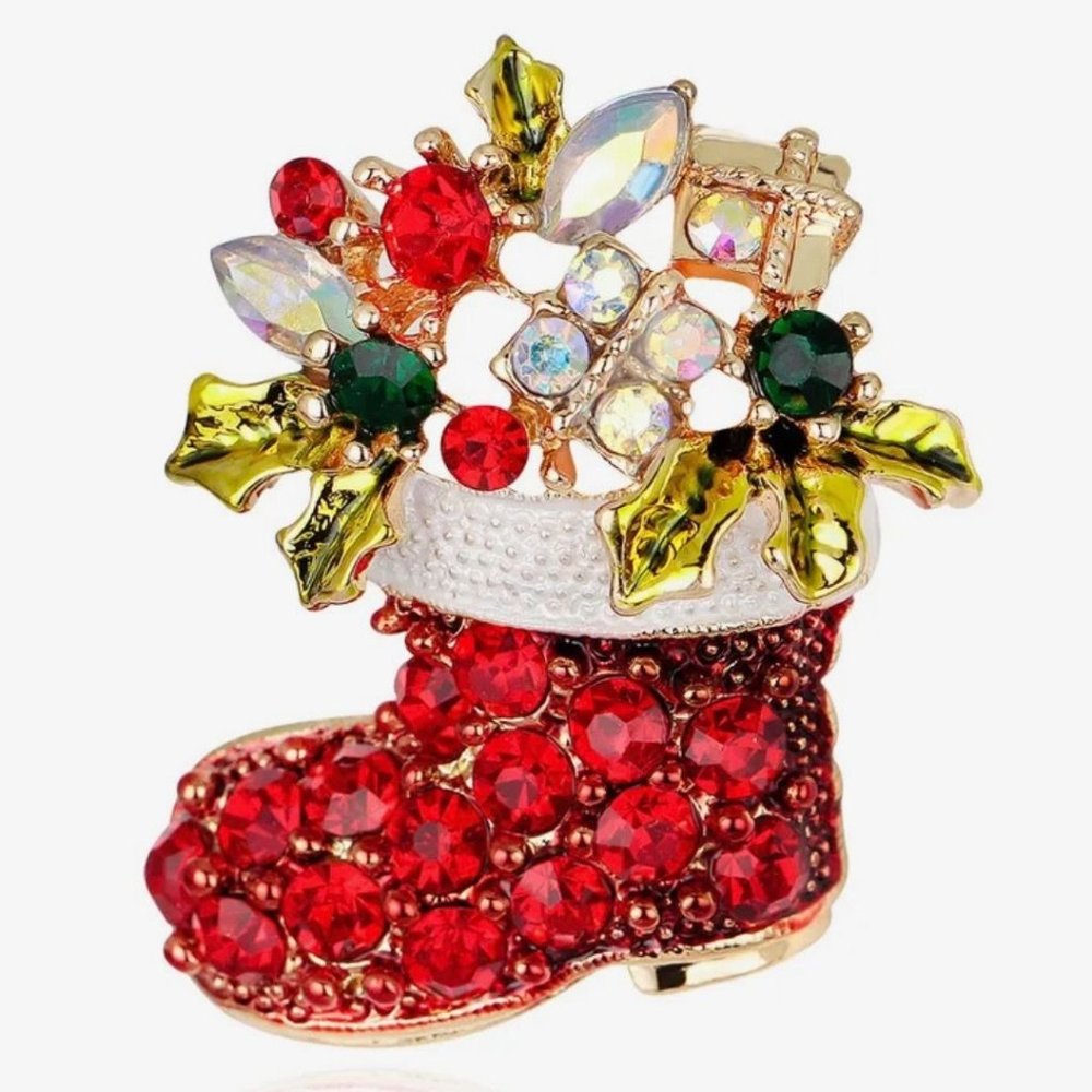 Brooch Christmas Stocking Green & A/B Rhinestone Crystals Gold Tone